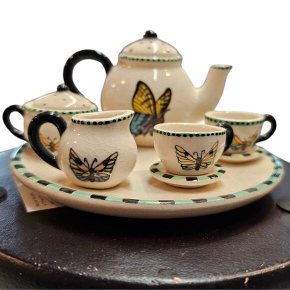 Butterfly Pattern Mini Tea Set Teapot Cream Sugar 2 Tea Cups with Saucers - Picture 5 of 10